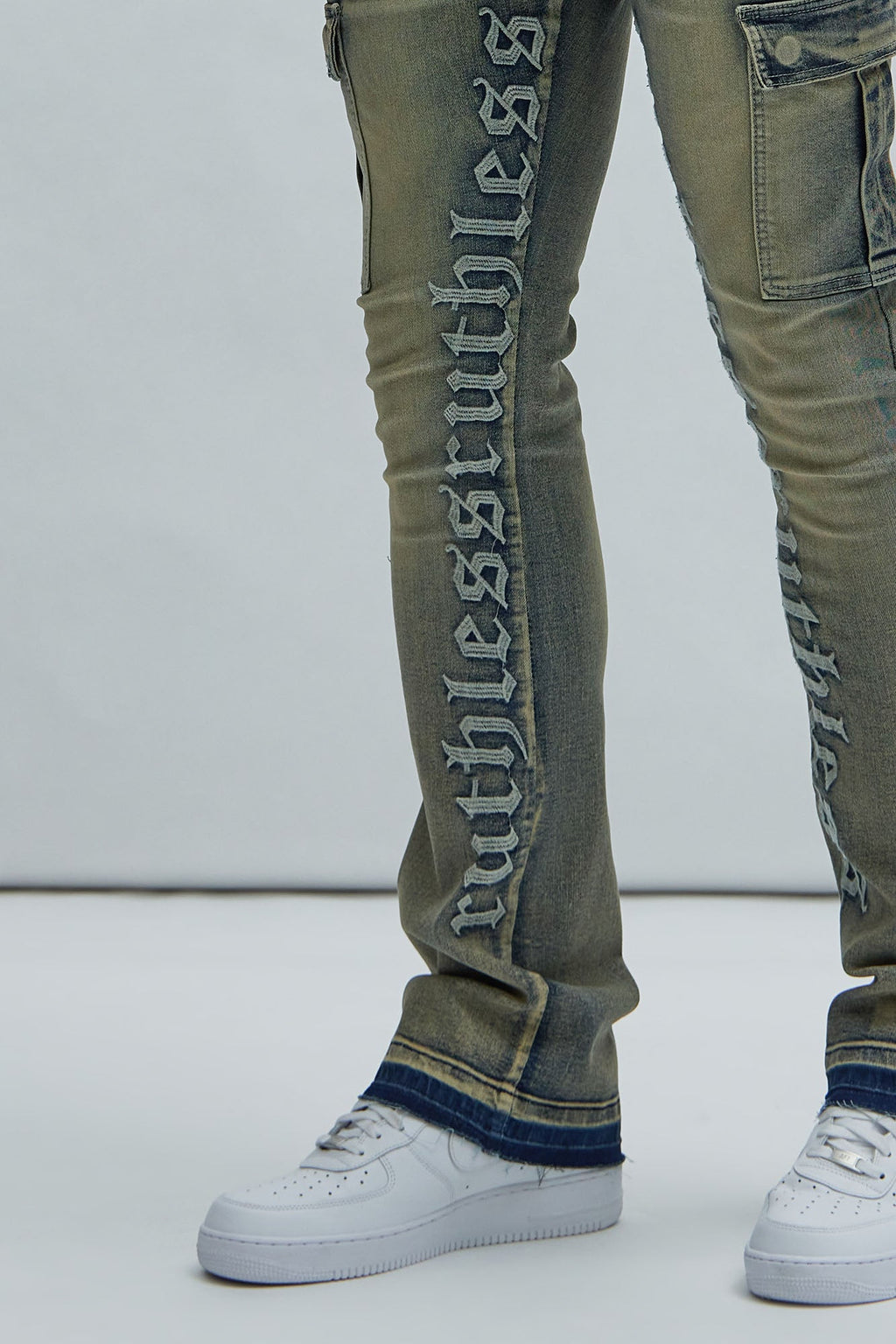 Ruthless Embroidered Stacked Skinny Cargo Flare Jeans - Medium Wash