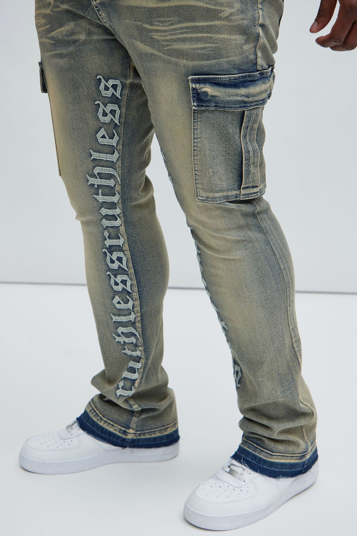 Ruthless Embroidered Stacked Skinny Cargo Flare Jeans - Medium Wash