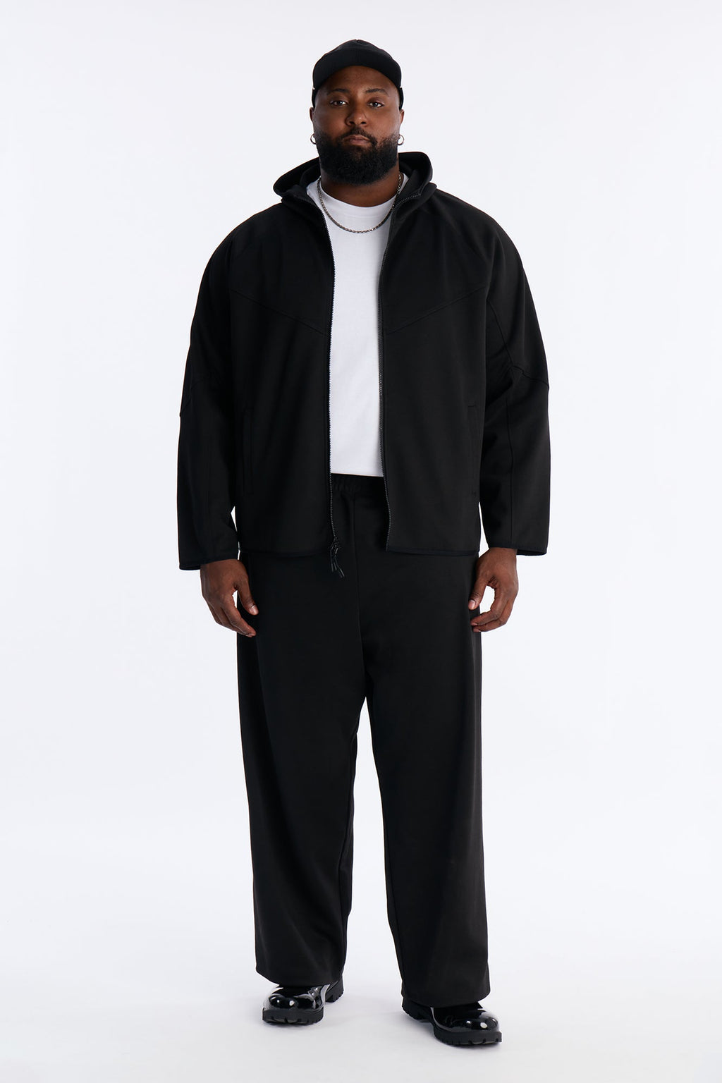 Structured Paneled Fleece Zip Up Hoodie  - Black