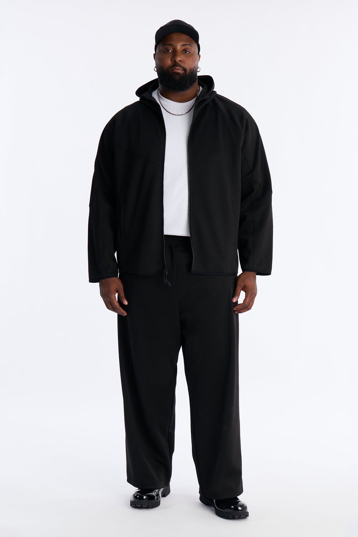 Structured Paneled Fleece Zip Up Hoodie  - Black
