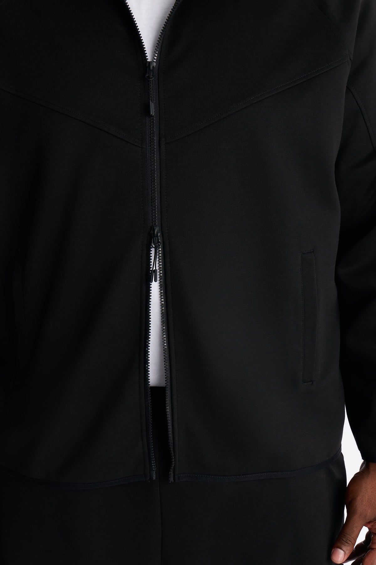 Structured Paneled Fleece Zip Up Hoodie  - Black