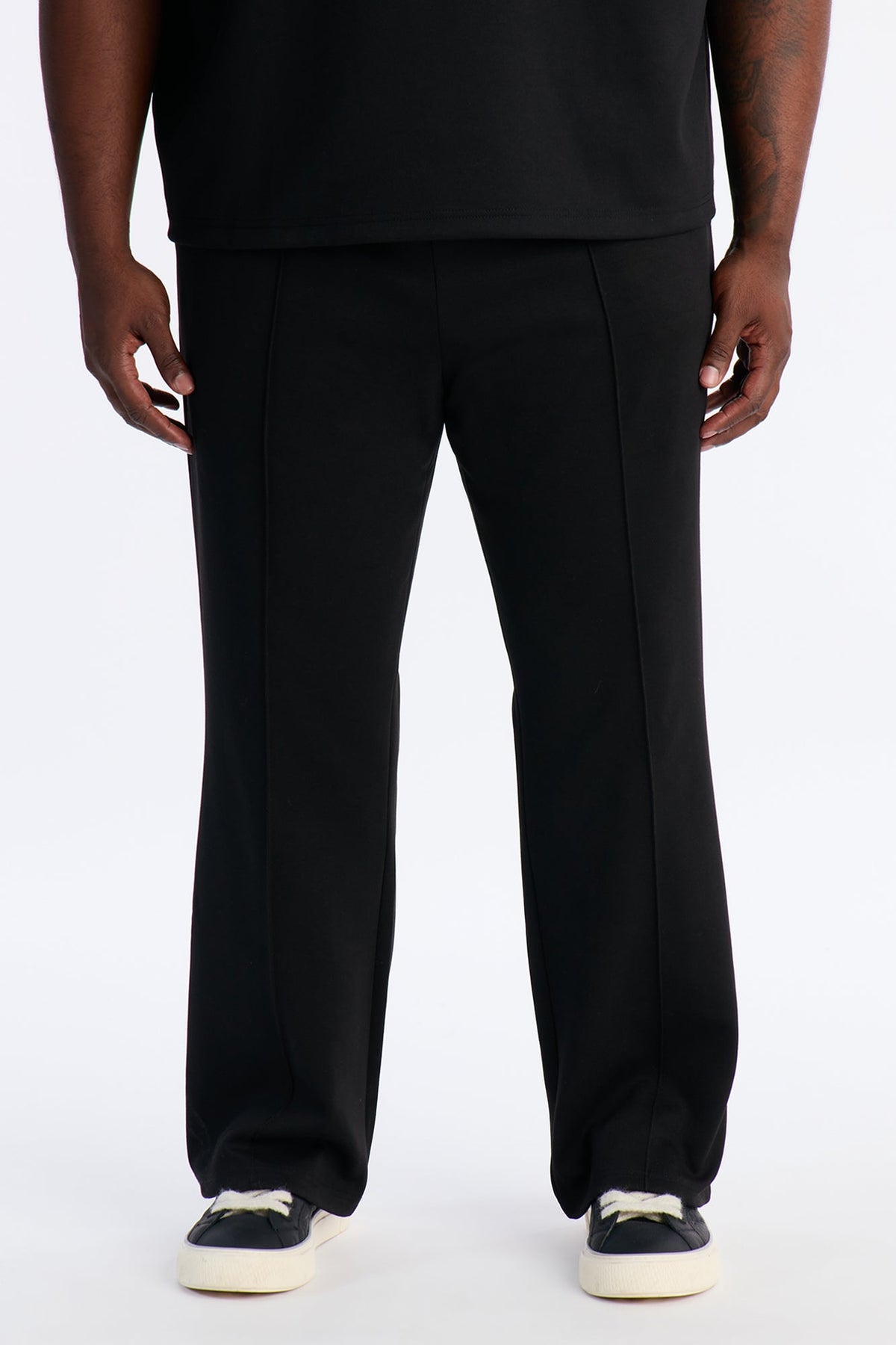 Structured Fleece Pintuck Slim Flare Sweatpants - Black