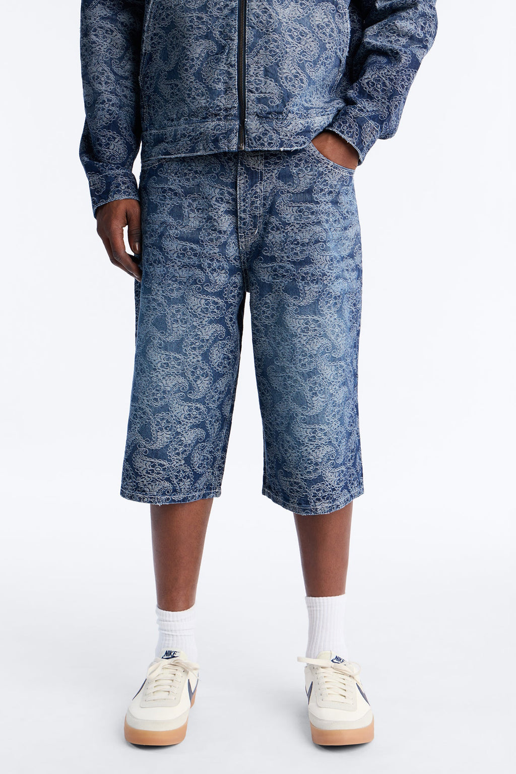 Baggy Paisley Jacquard Denim Short - Dark Wash