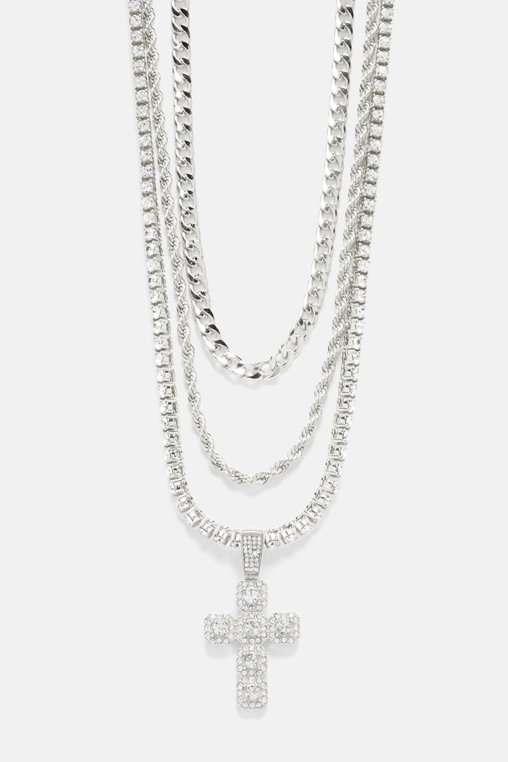 Cluster Cross 3 Piece Chain Necklace Set - Silver