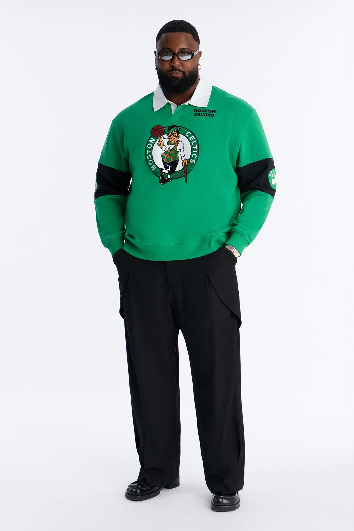Celtics Long Sleeve Fleece Polo - Kelly Green