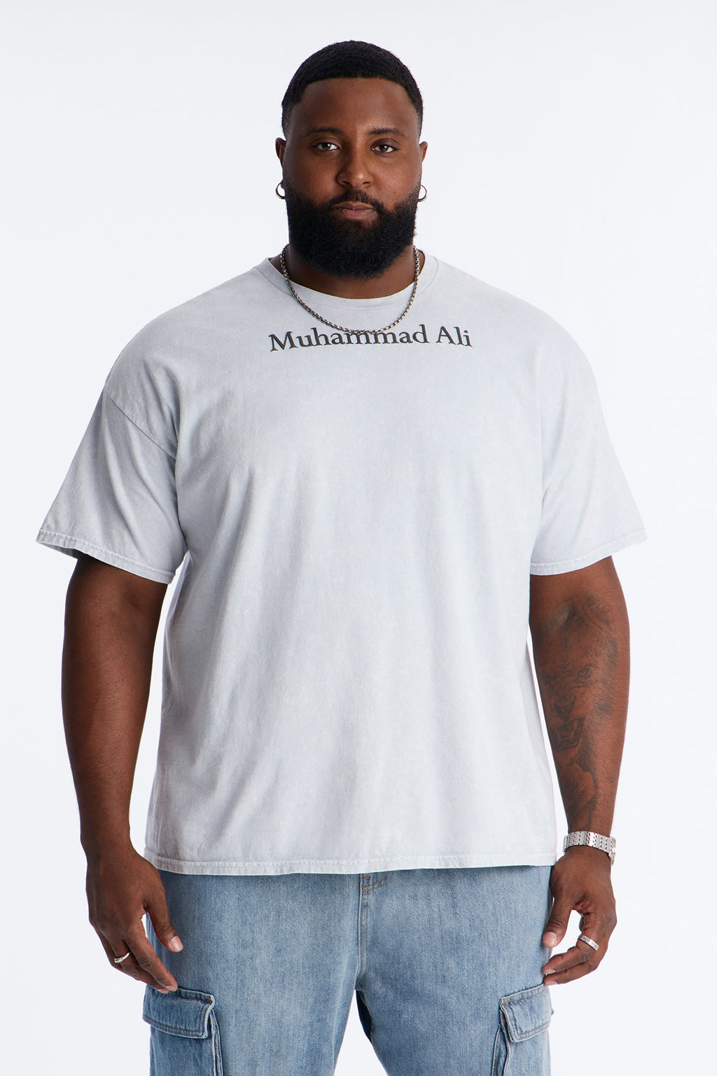 Muhammad Ali Sting Like A Bee Puff Print Short Sleeve Tee - Grey Mineral Wash