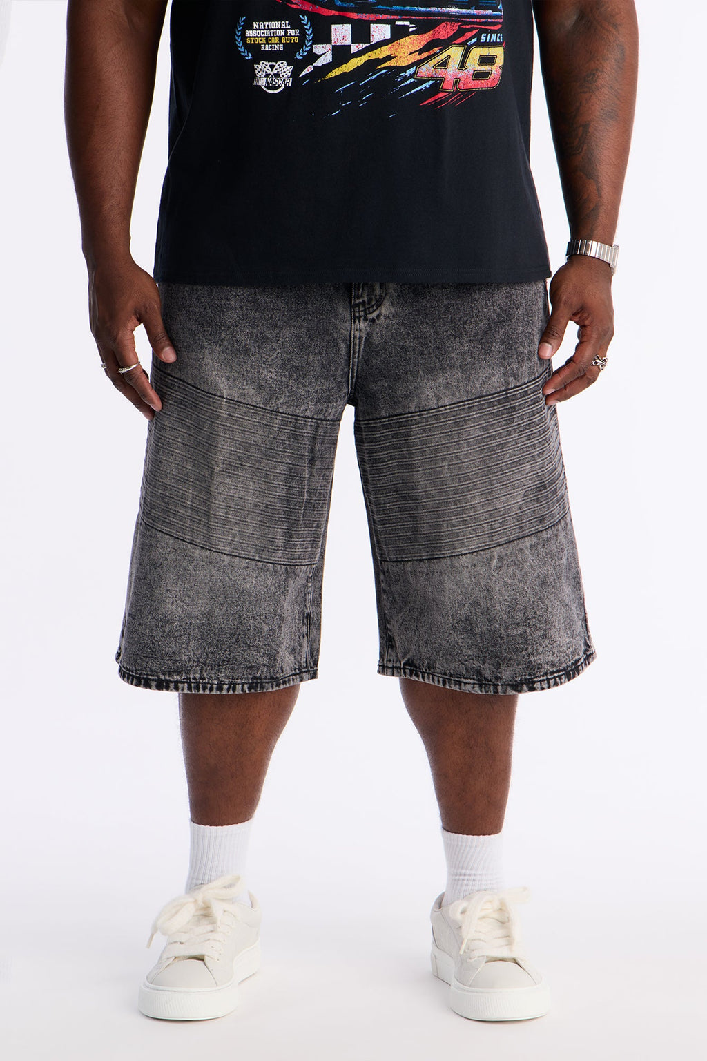 Baggy Embossed Linez Denim Short - Acid Wash Black