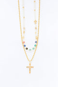 Pearl Charm And Multi Color Cross Necklace Set - Gold