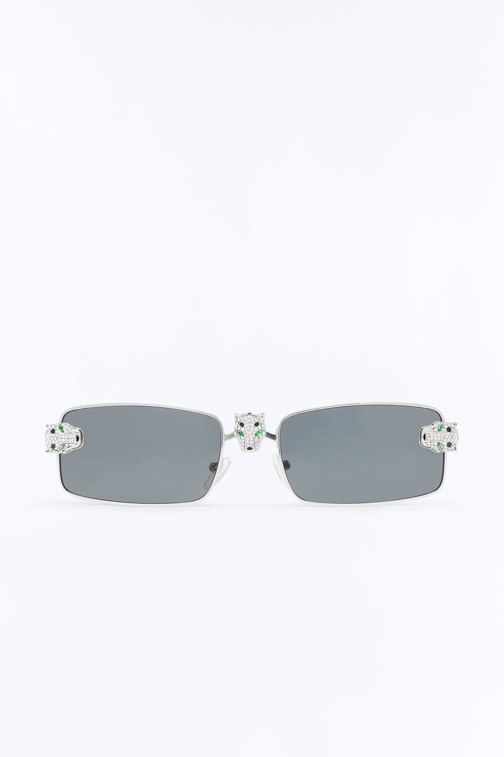 Iced Panther Rectangle Metal Sunglasses - Silver/Black