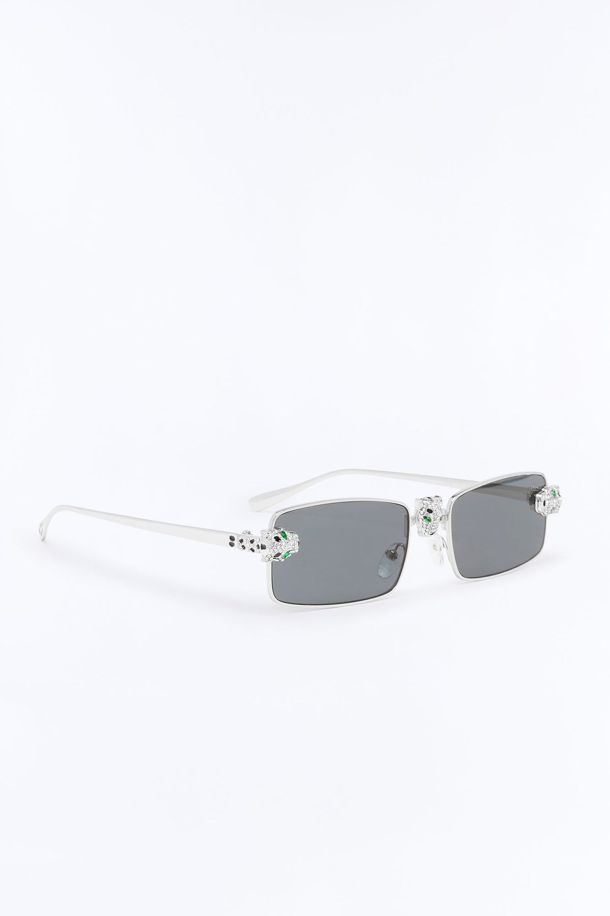 Iced Panther Rectangle Metal Sunglasses - Silver/Black