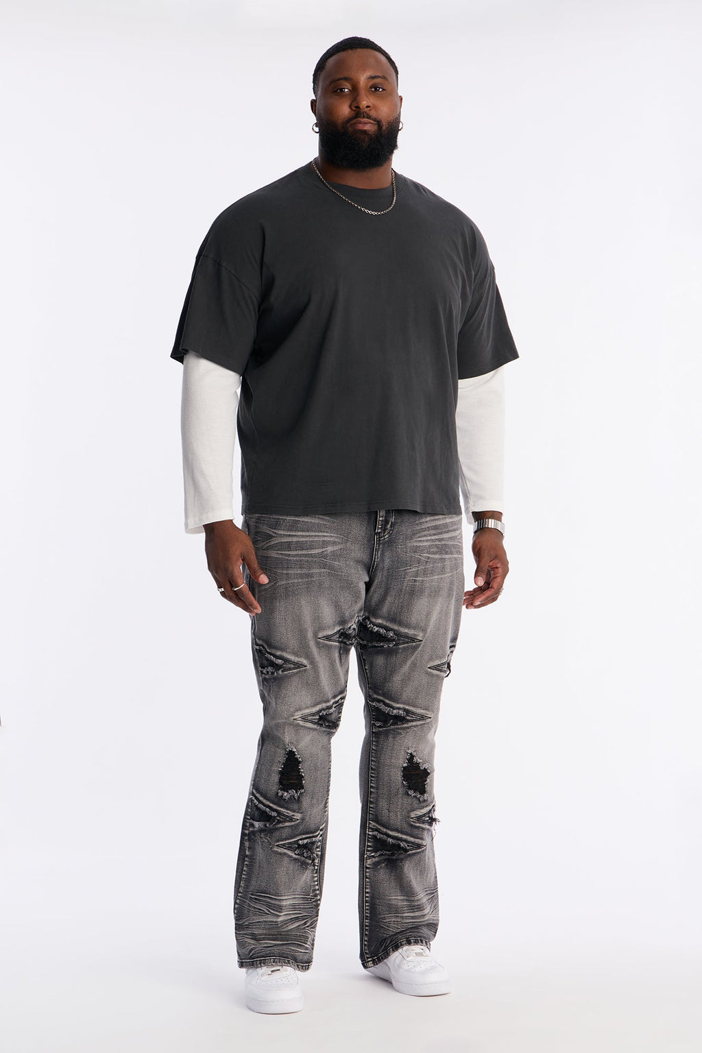 Stacked Skinny Flare Triangle Fray Jeans - Black Wash