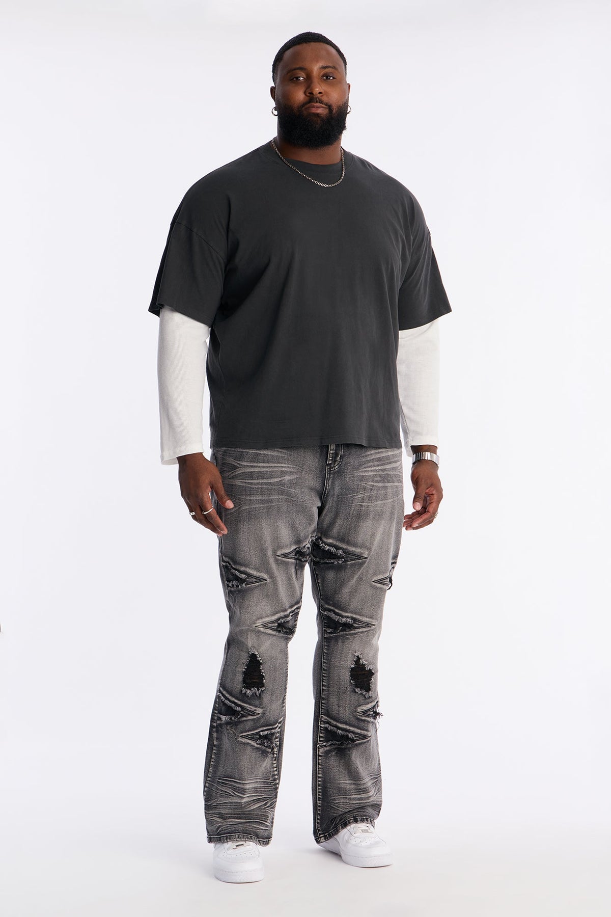 Stacked Skinny Flare Triangle Fray Jeans - Black Wash