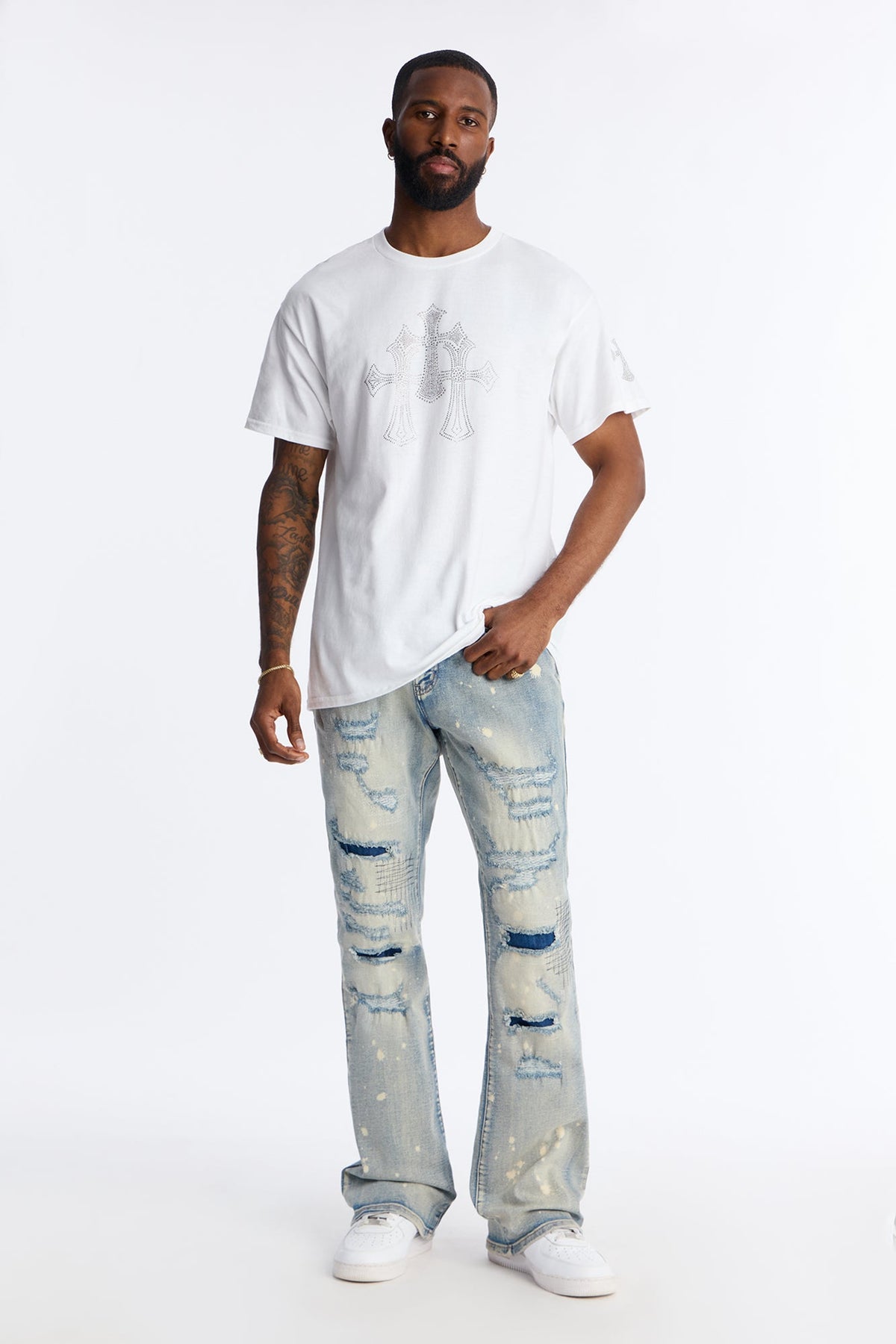 Three Crosses Rhinestones Oversized Short Sleeve Tee - White