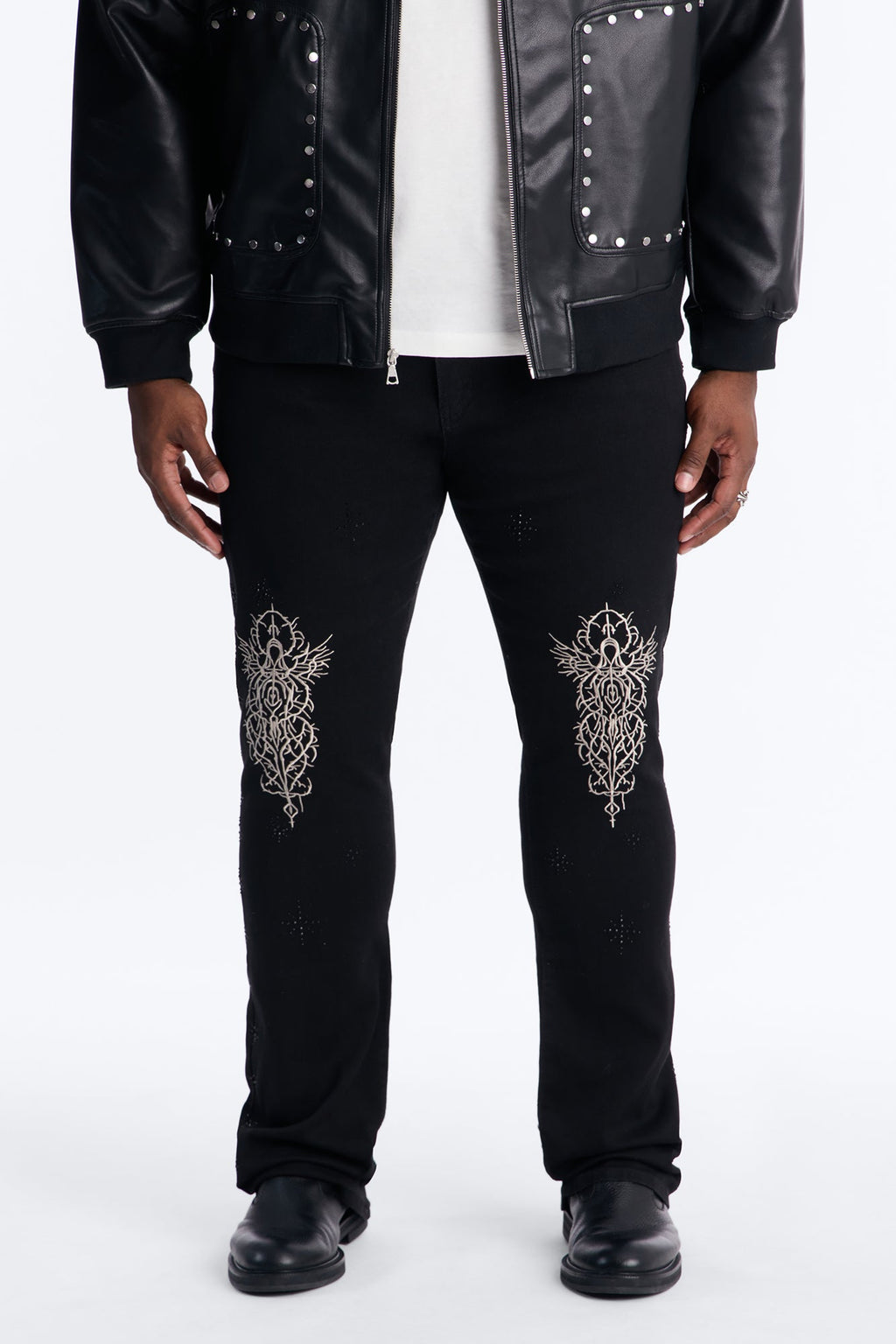 Stacked Skinny Flare Embroidered Saint Jeweled Jean - Black