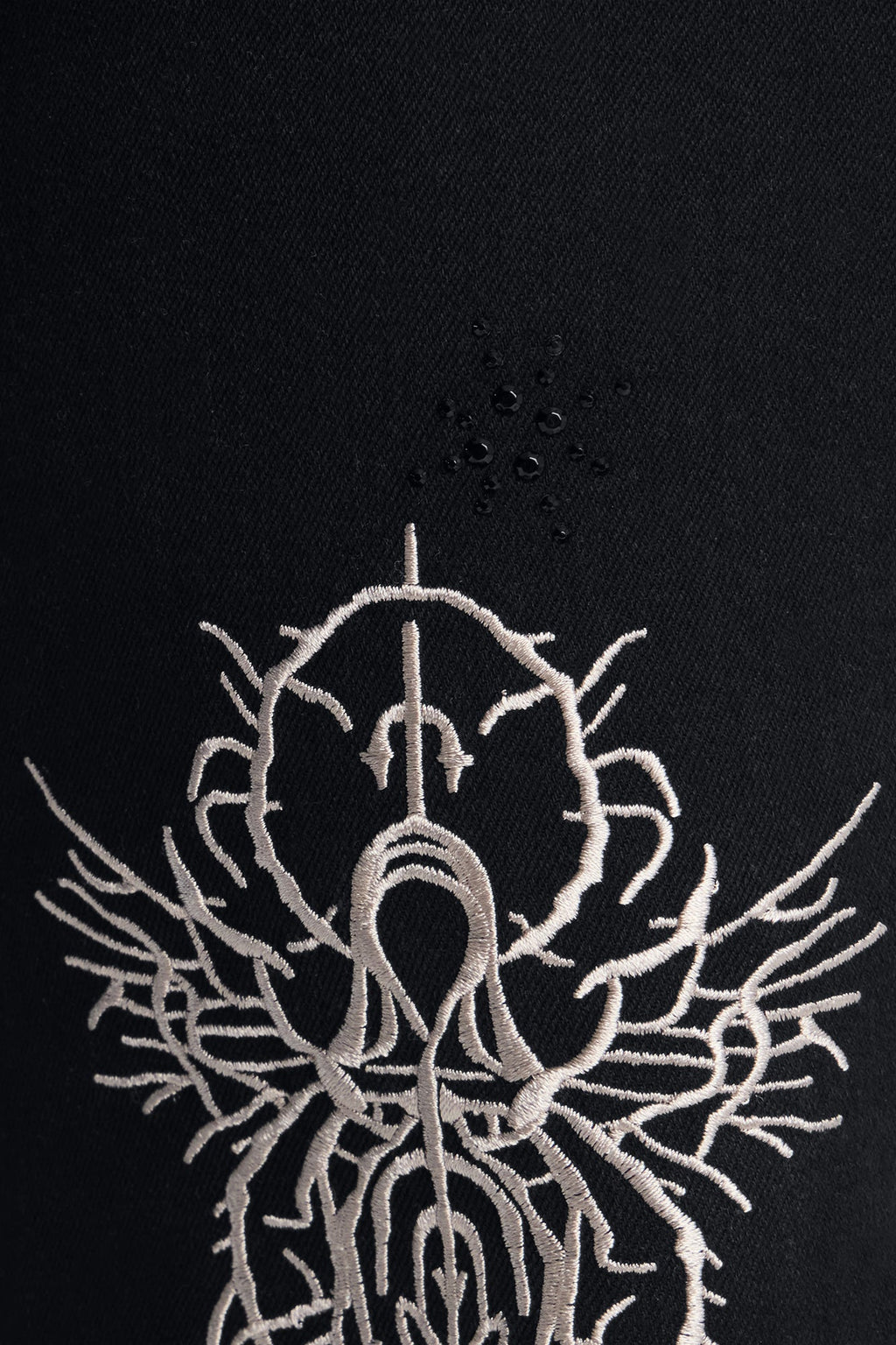 Stacked Skinny Flare Embroidered Saint Jeweled Jean - Black