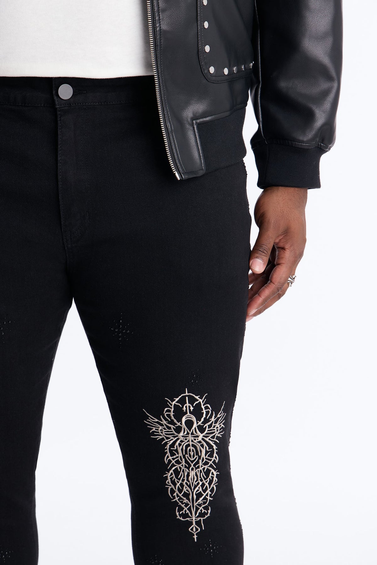 Stacked Skinny Flare Embroidered Saint Jeweled Jean - Black