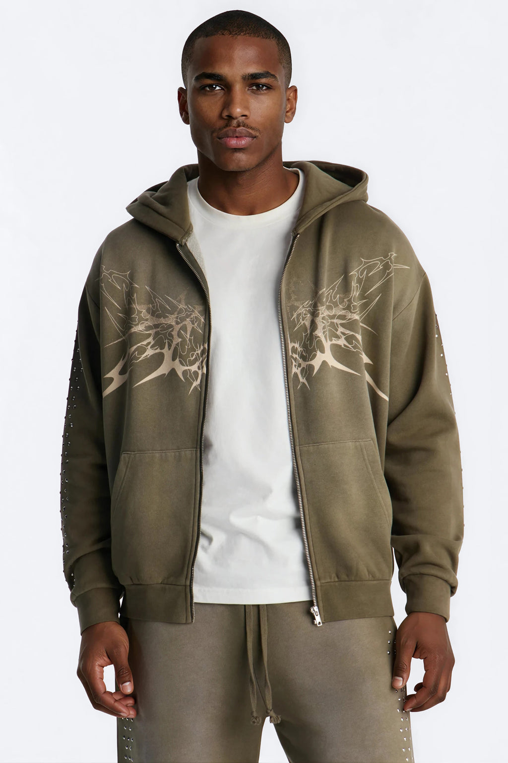 Tribal Rhinestone Zip Hoodie - Olive