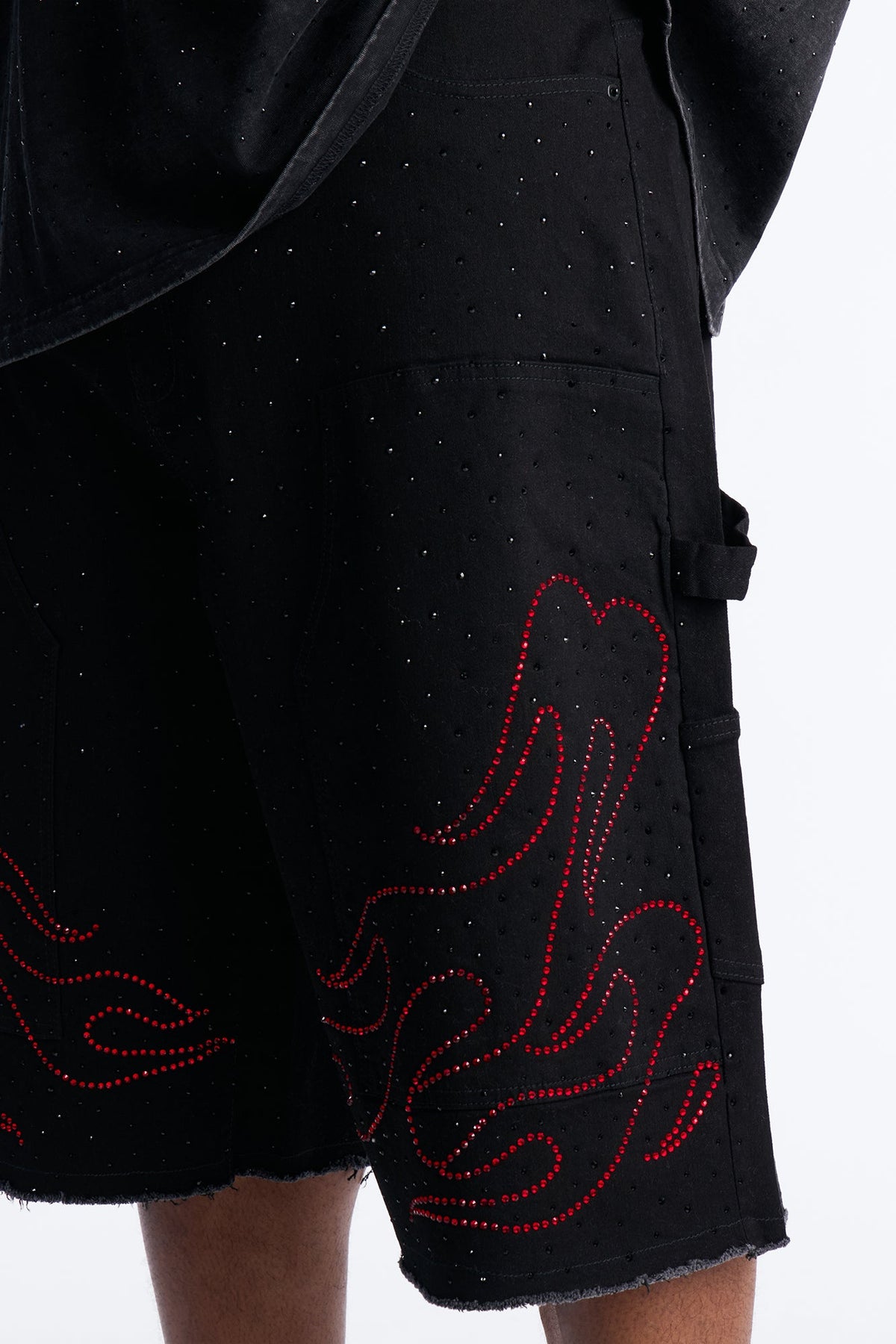 Baggy Flamed Jewel Carpenter Denim Short - Black