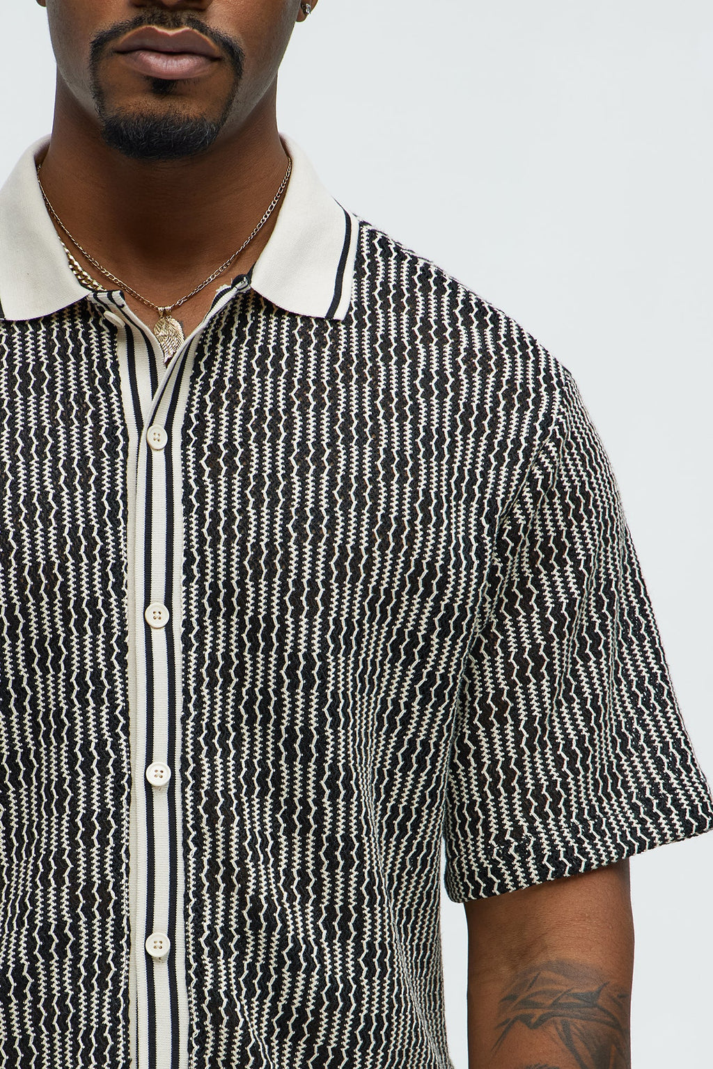 Zigzag Open Knit Crochet Cuban Shirt - Black/combo