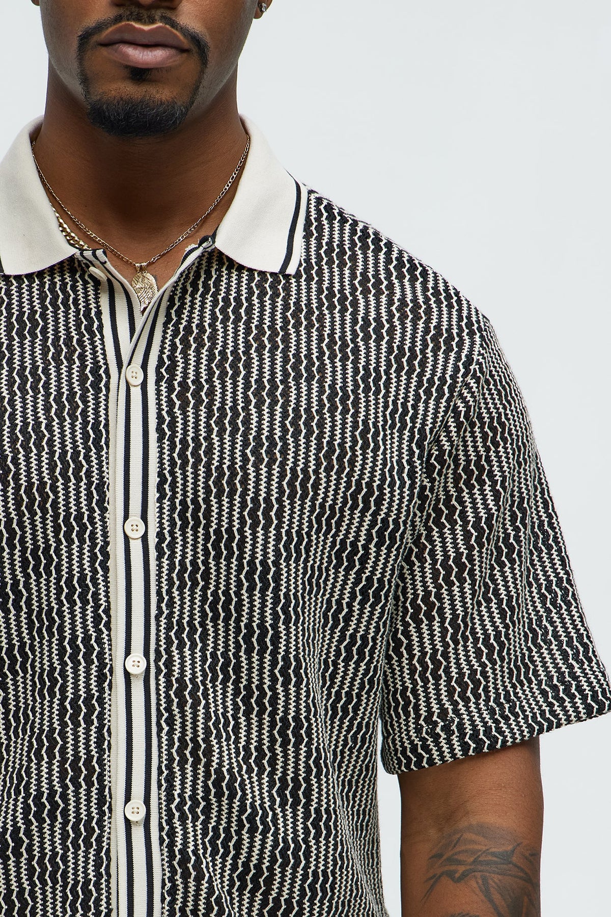 Zigzag Open Knit Crochet Cuban Shirt - Black/combo