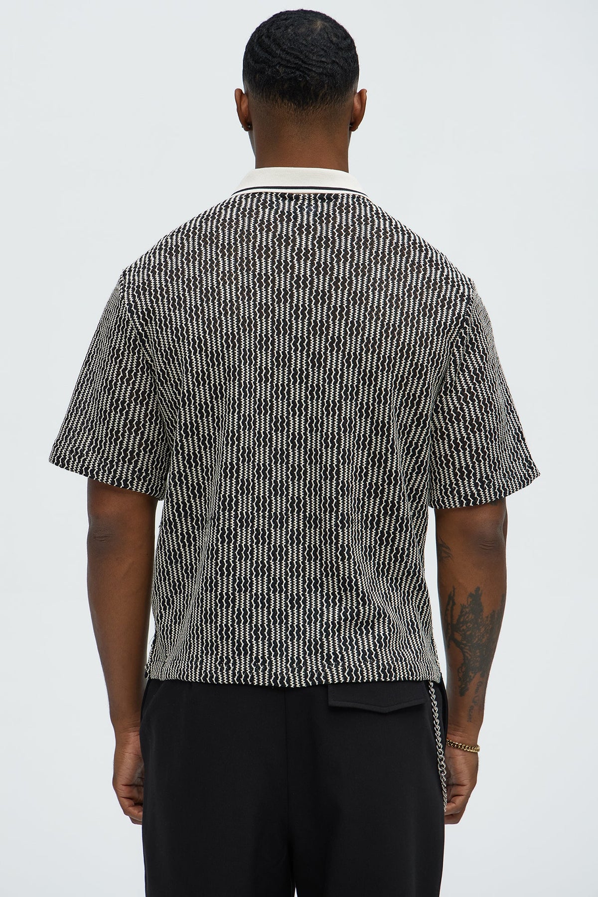 Zigzag Open Knit Crochet Cuban Shirt - Black/combo