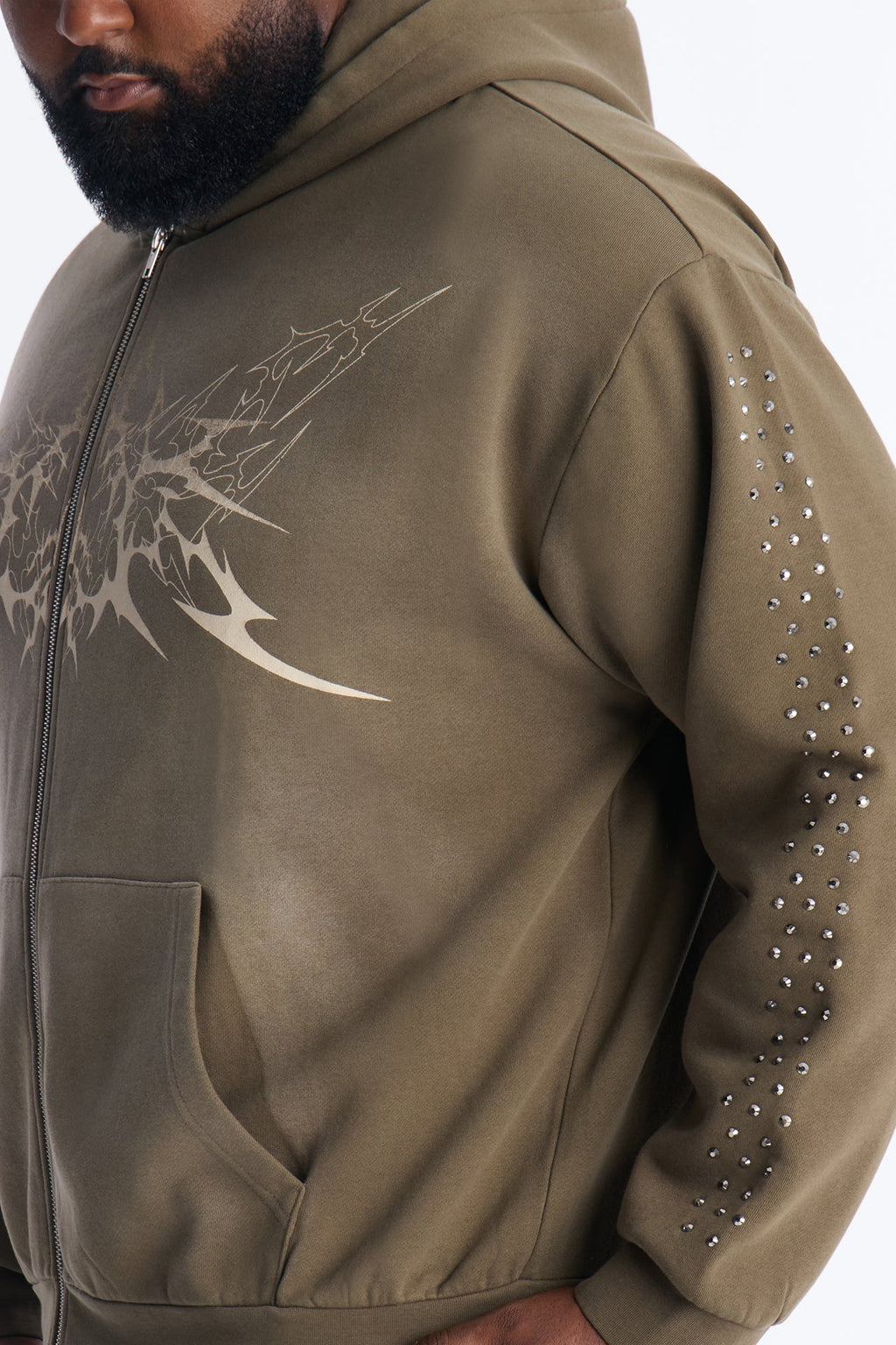 Tribal Rhinestone Zip Hoodie - Olive