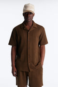 Textured Stripes Cuban Short Sleeve Button Up Shirt - Brown
