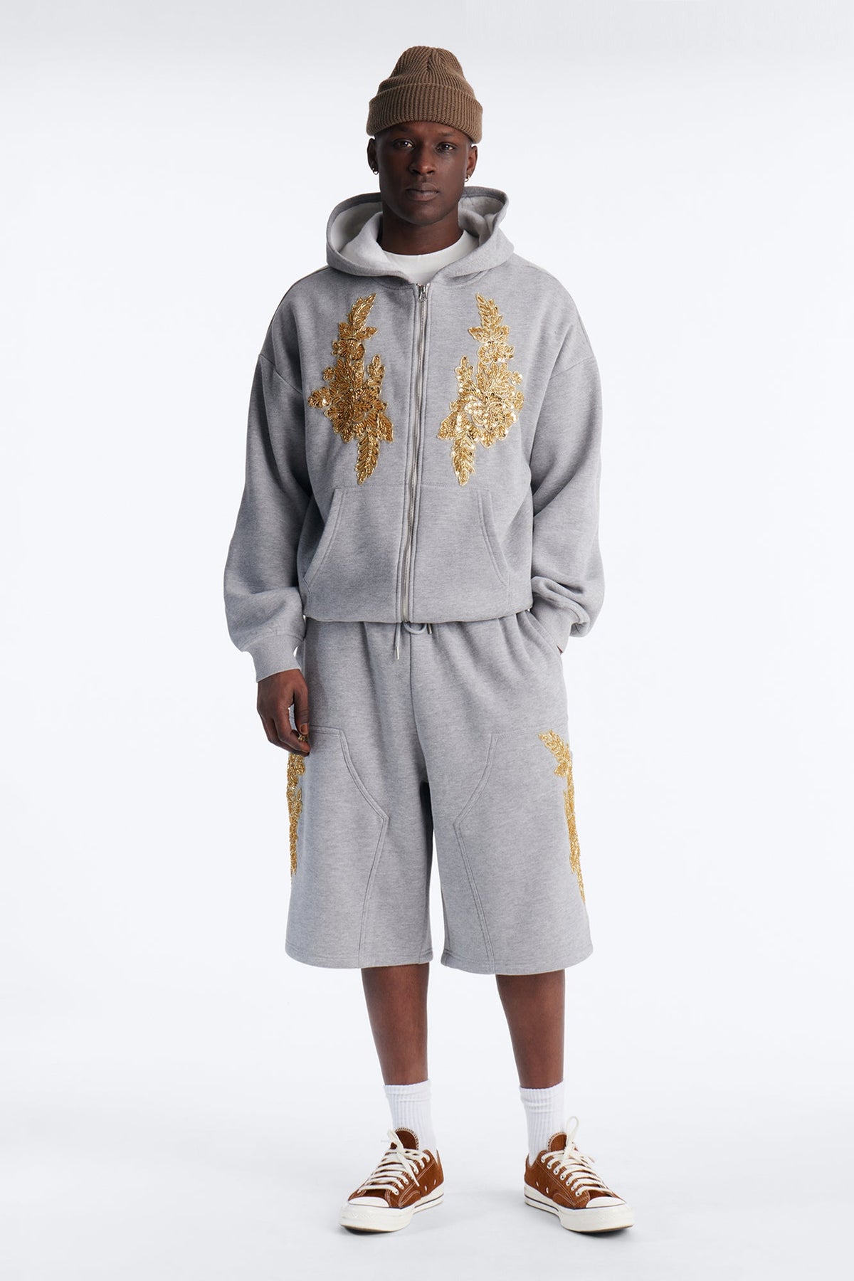 Oversized Rogue Sequin Applique Zip Up Hoodie - Grey