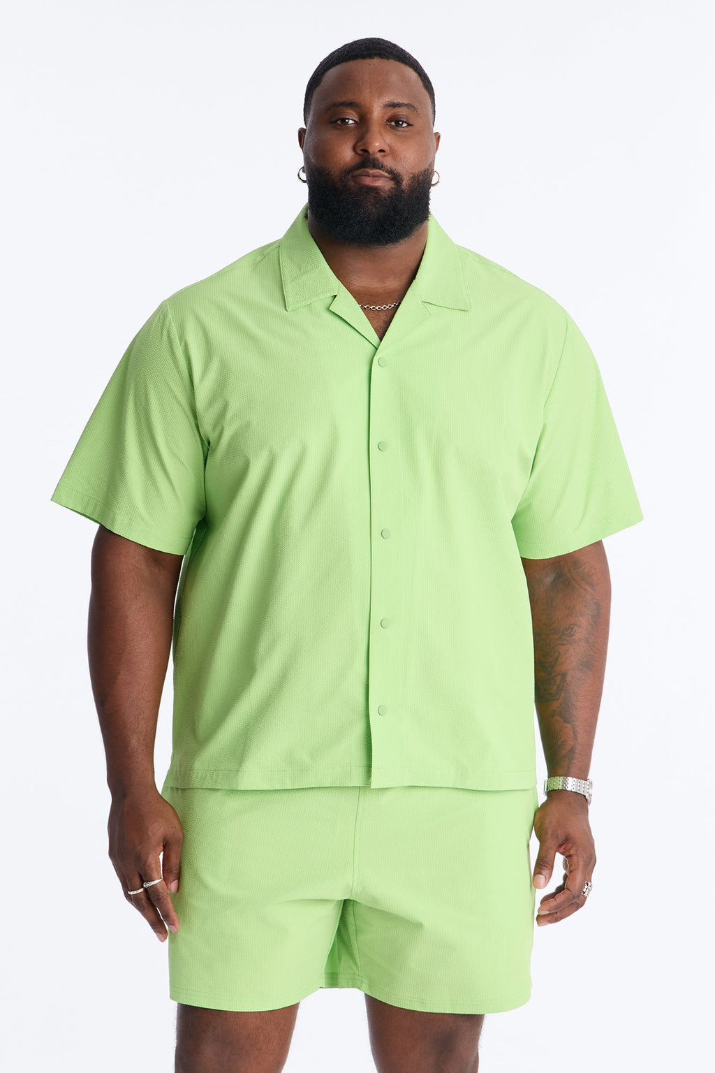 Seersucker Short Sleeve Cuban Collar Shirt - Lime