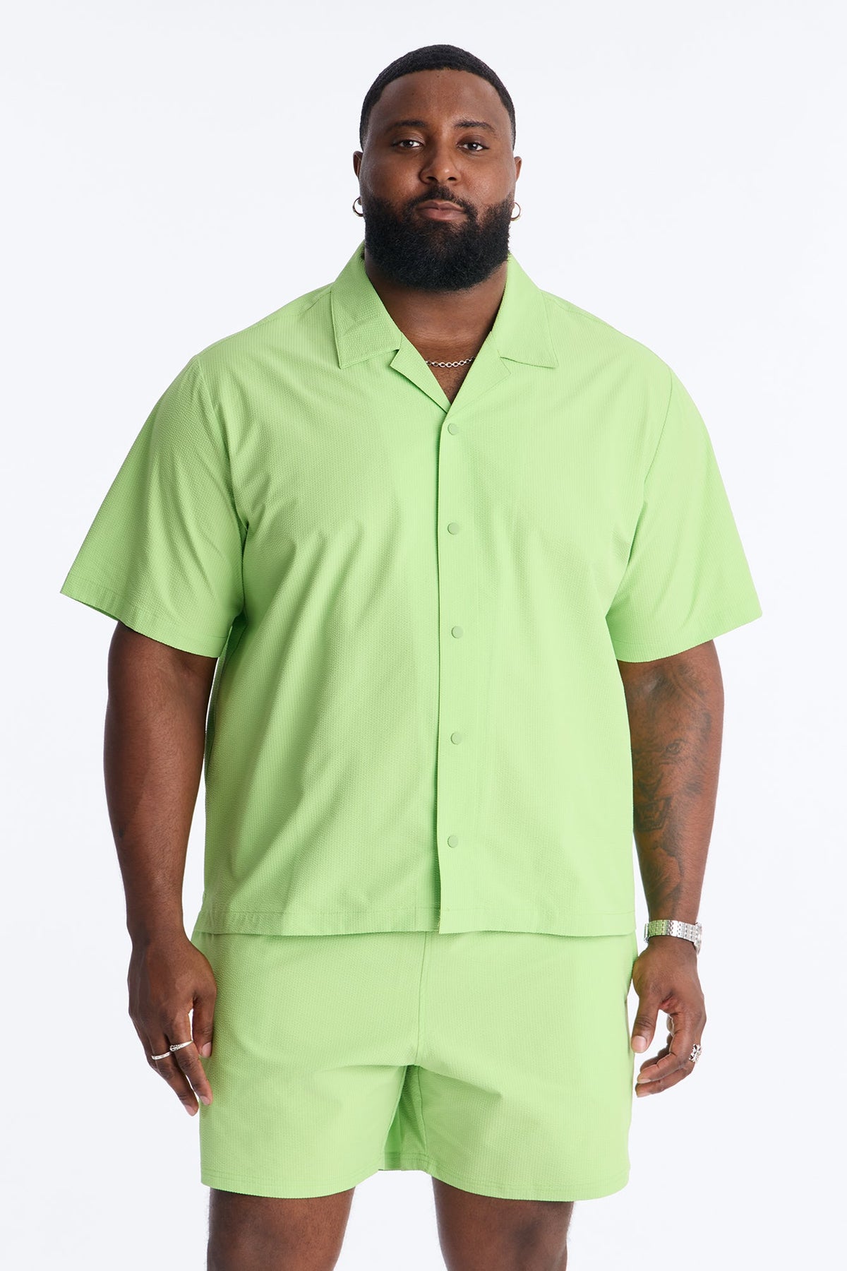 Seersucker Short Sleeve Cuban Collar Shirt - Lime