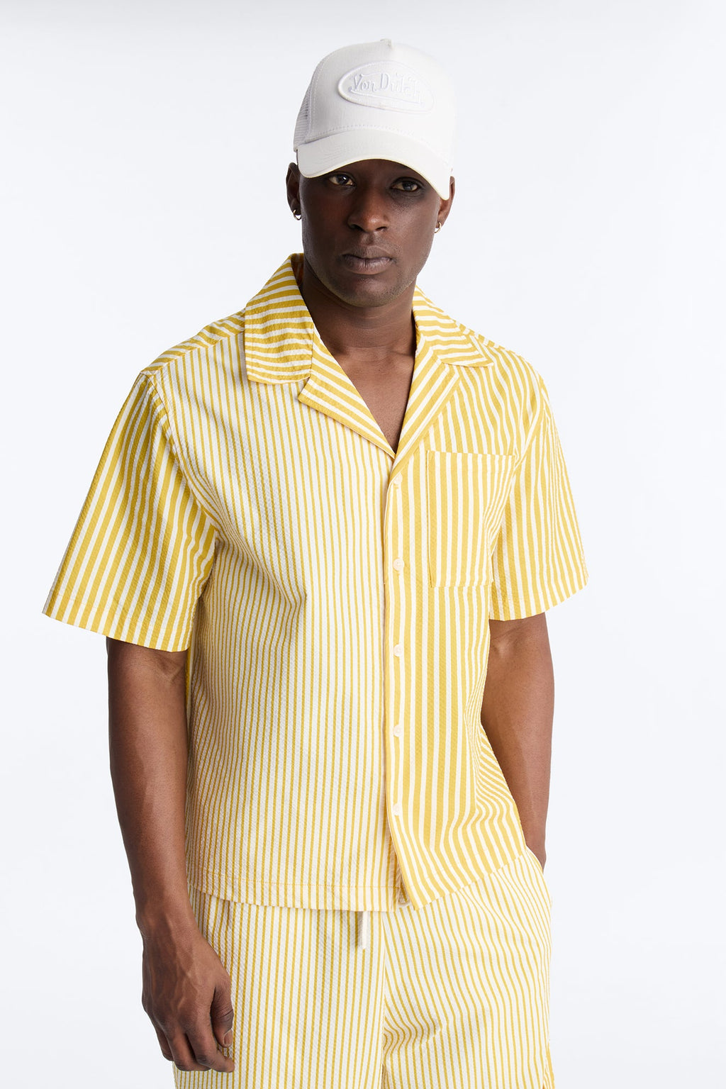 Passion Stripe Seersucker Cuban Button Up Shirt - Yellow