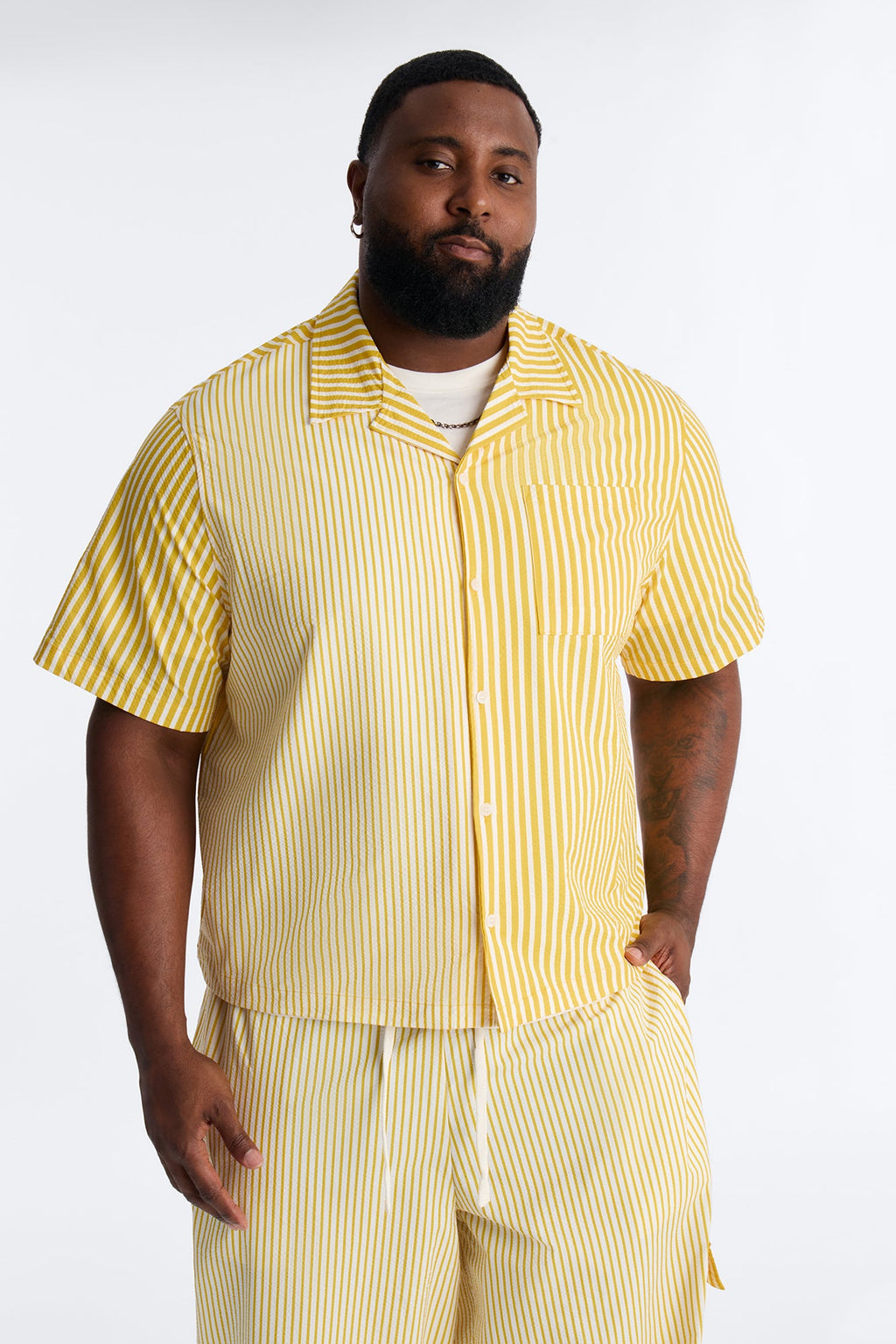 Passion Stripe Seersucker Cuban Button Up Shirt - Yellow