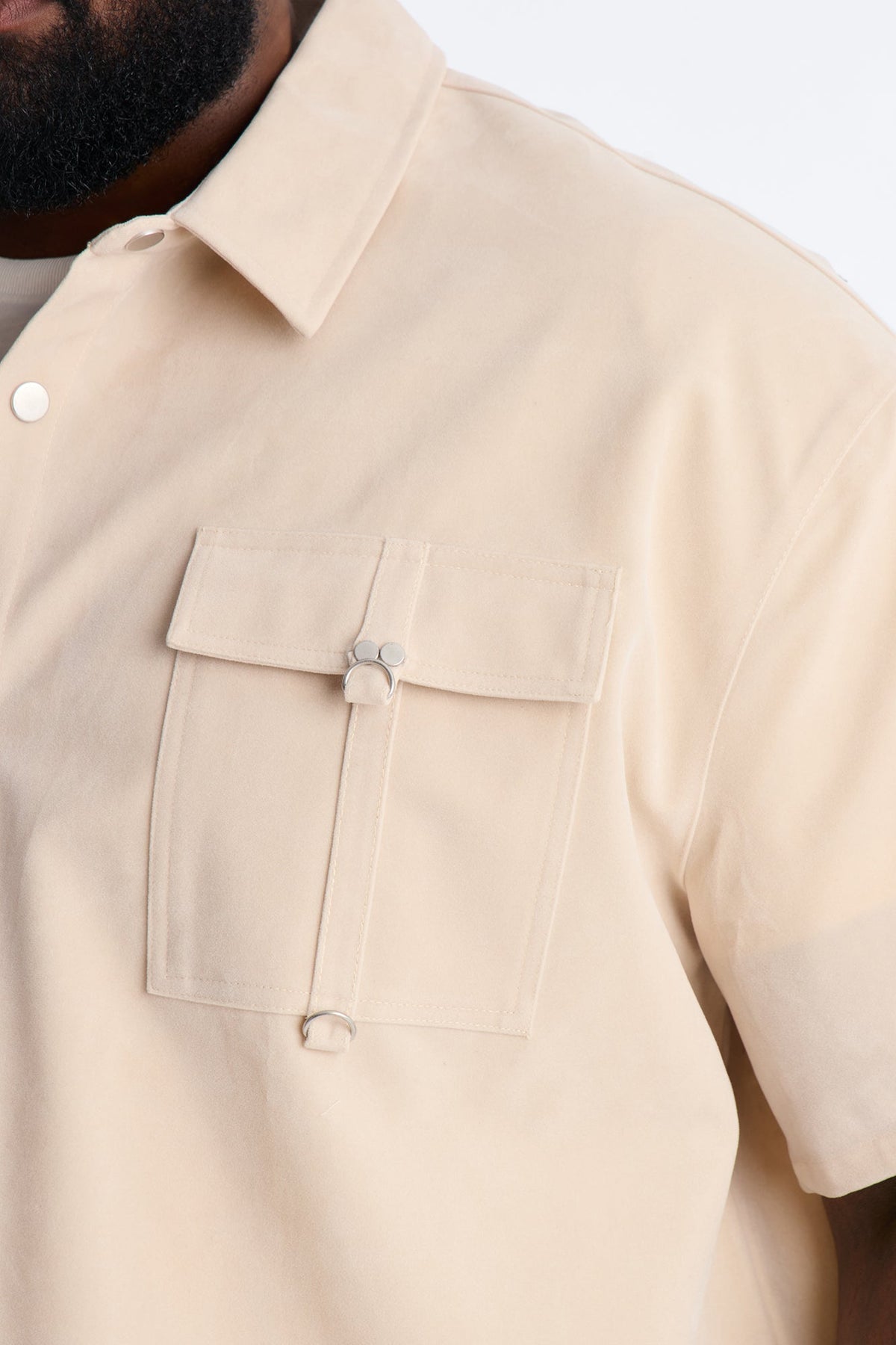 Boxy Cropped Ranch Faux Suede Utility Button Up Shirt - Stone