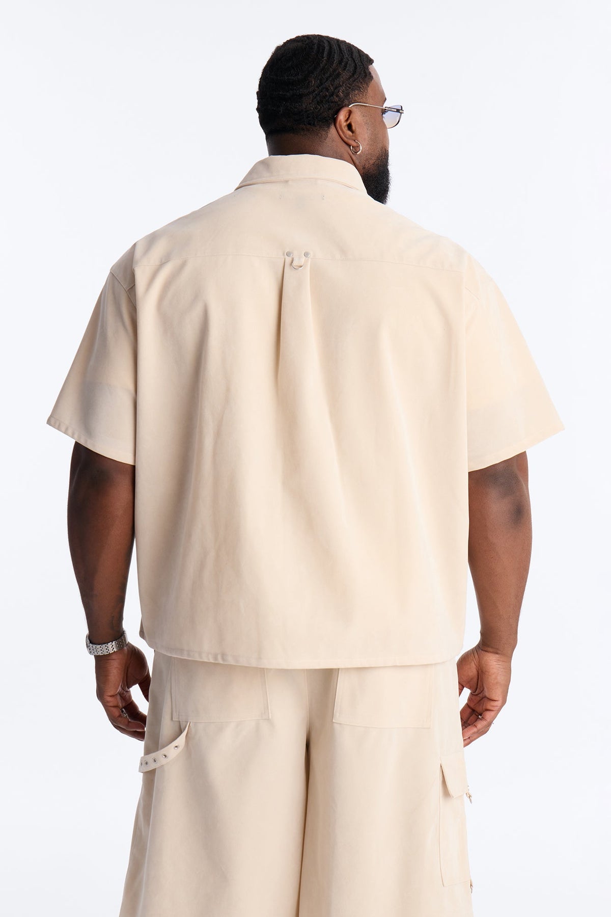 Boxy Cropped Ranch Faux Suede Utility Button Up Shirt - Stone
