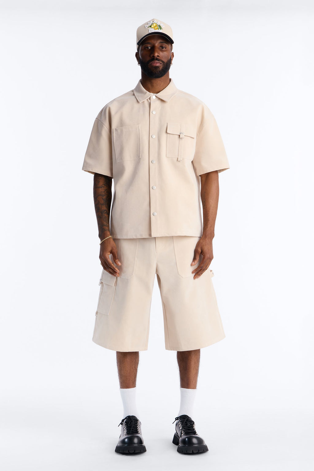 Boxy Cropped Ranch Faux Suede Utility Button Up Shirt - Stone