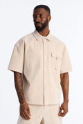 Boxy Cropped Ranch Faux Suede Utility Button Up Shirt - Stone