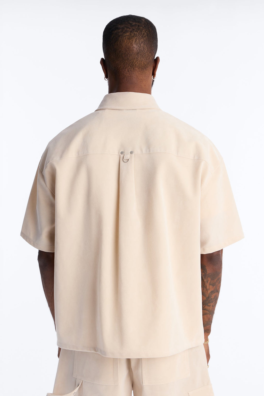 Boxy Cropped Ranch Faux Suede Utility Button Up Shirt - Stone