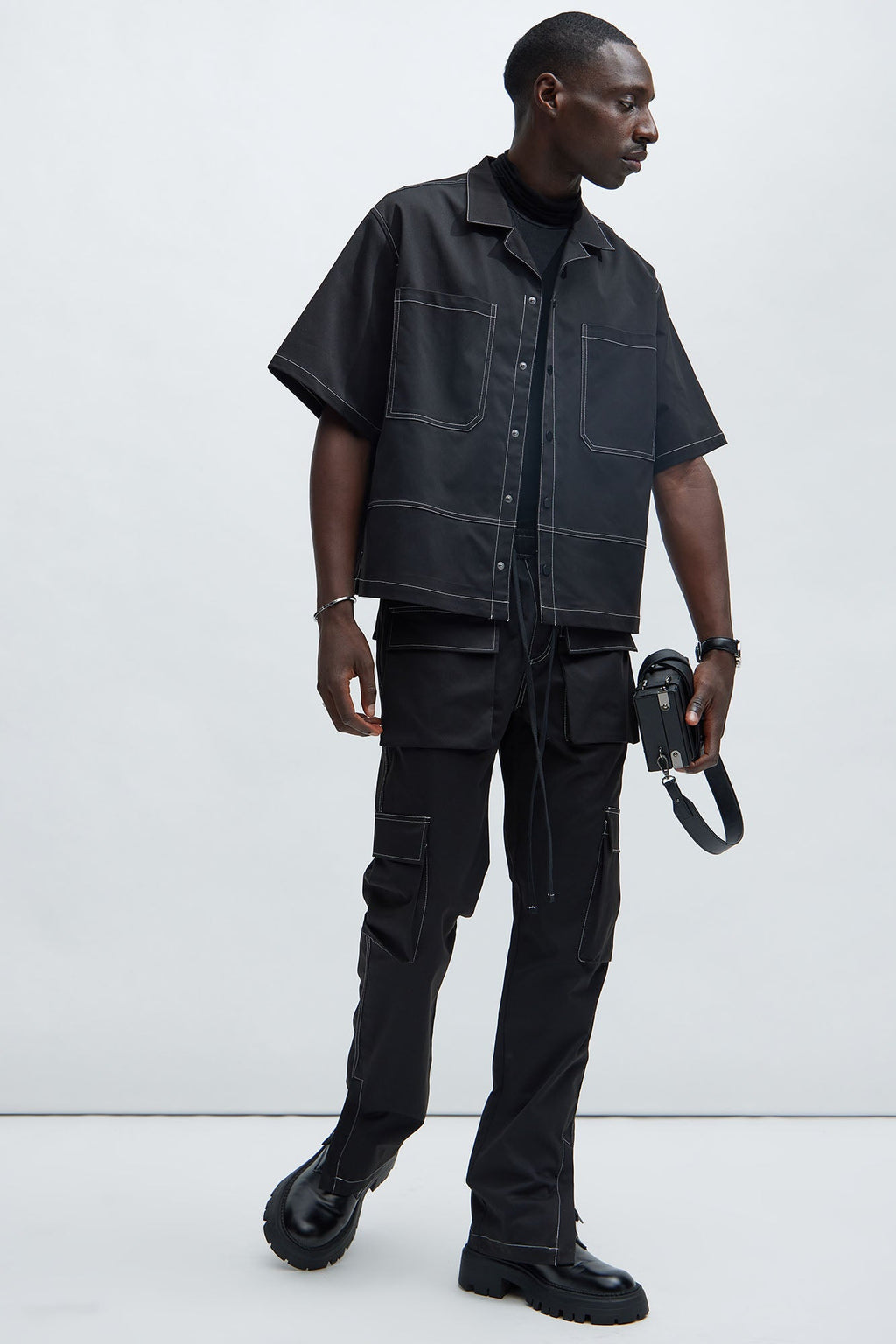 Curtis Contrast Stitch Relaxed Cargo Pants - Black