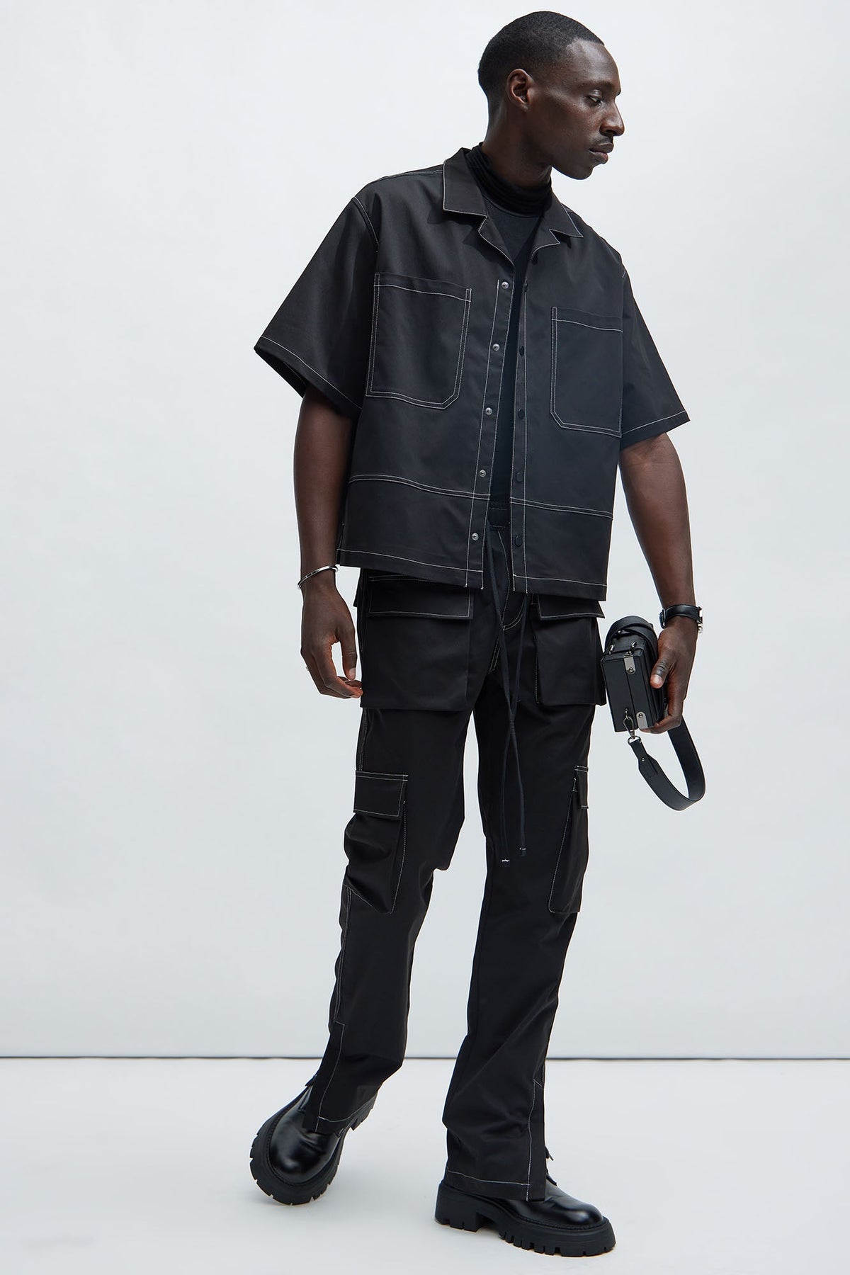 Curtis Contrast Stitch Relaxed Cargo Pants - Black