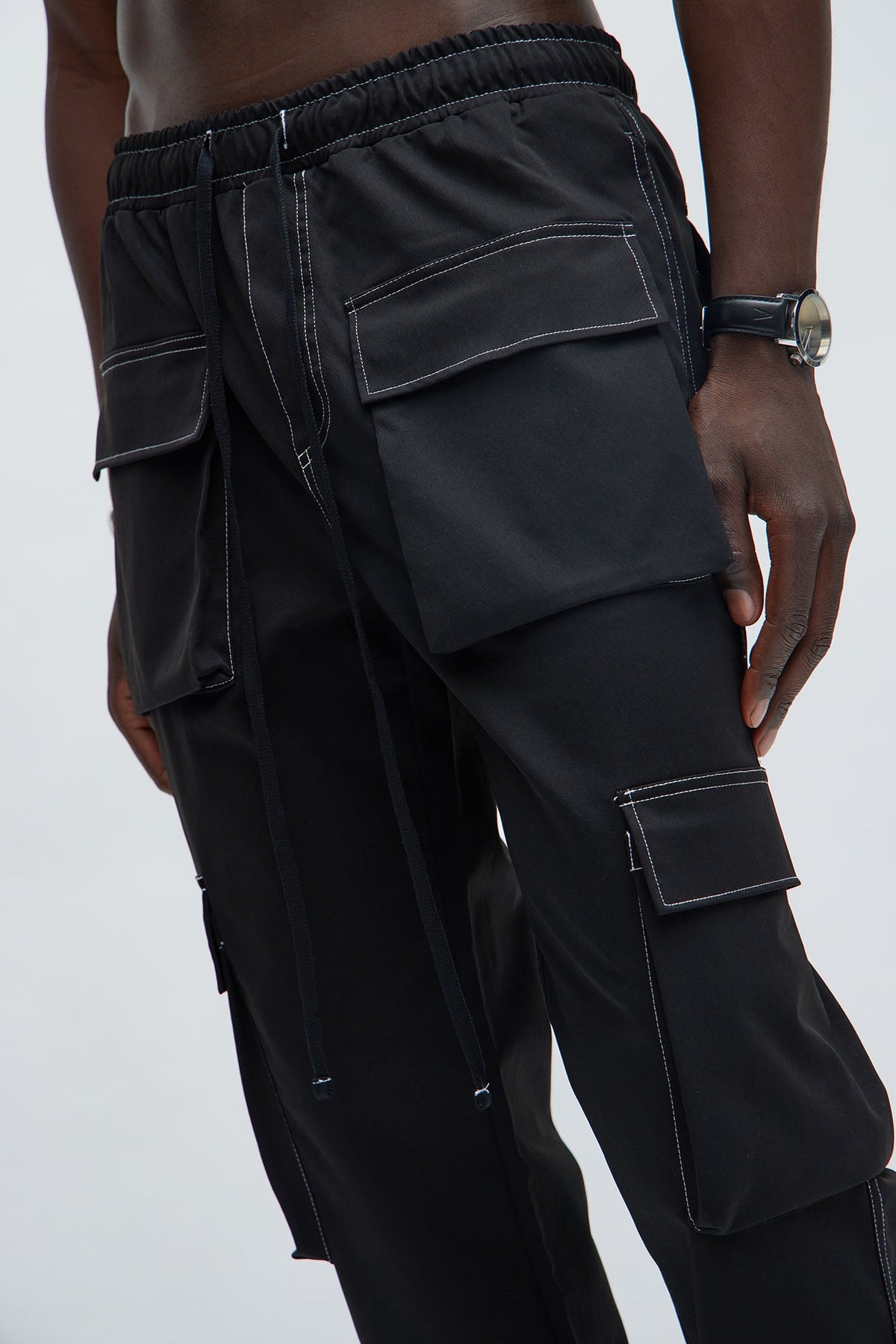 Curtis Contrast Stitch Relaxed Cargo Pants - Black