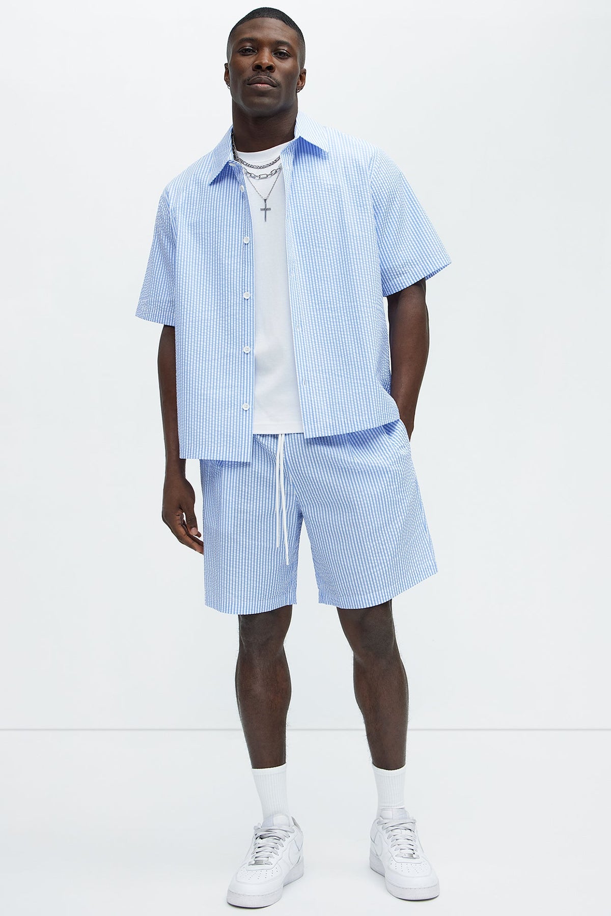 Seersucker Short Sleeve Button Up Shirt - Blue/combo