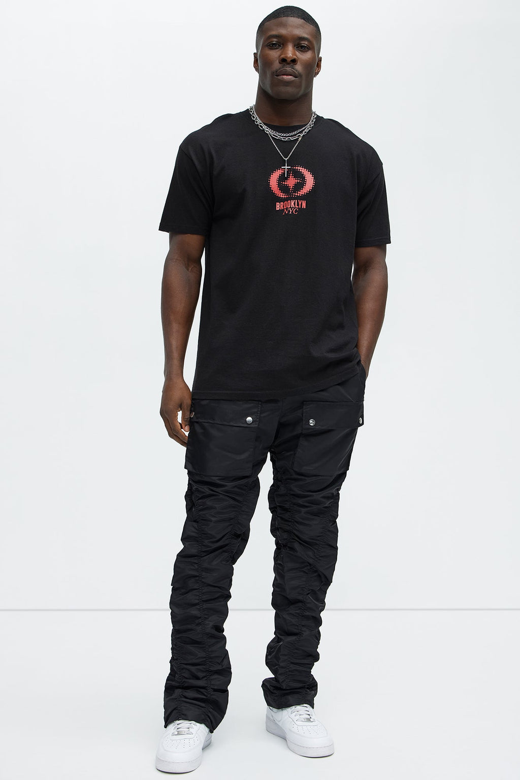 Scrunched Flared Nylon Cargo Pants - Black