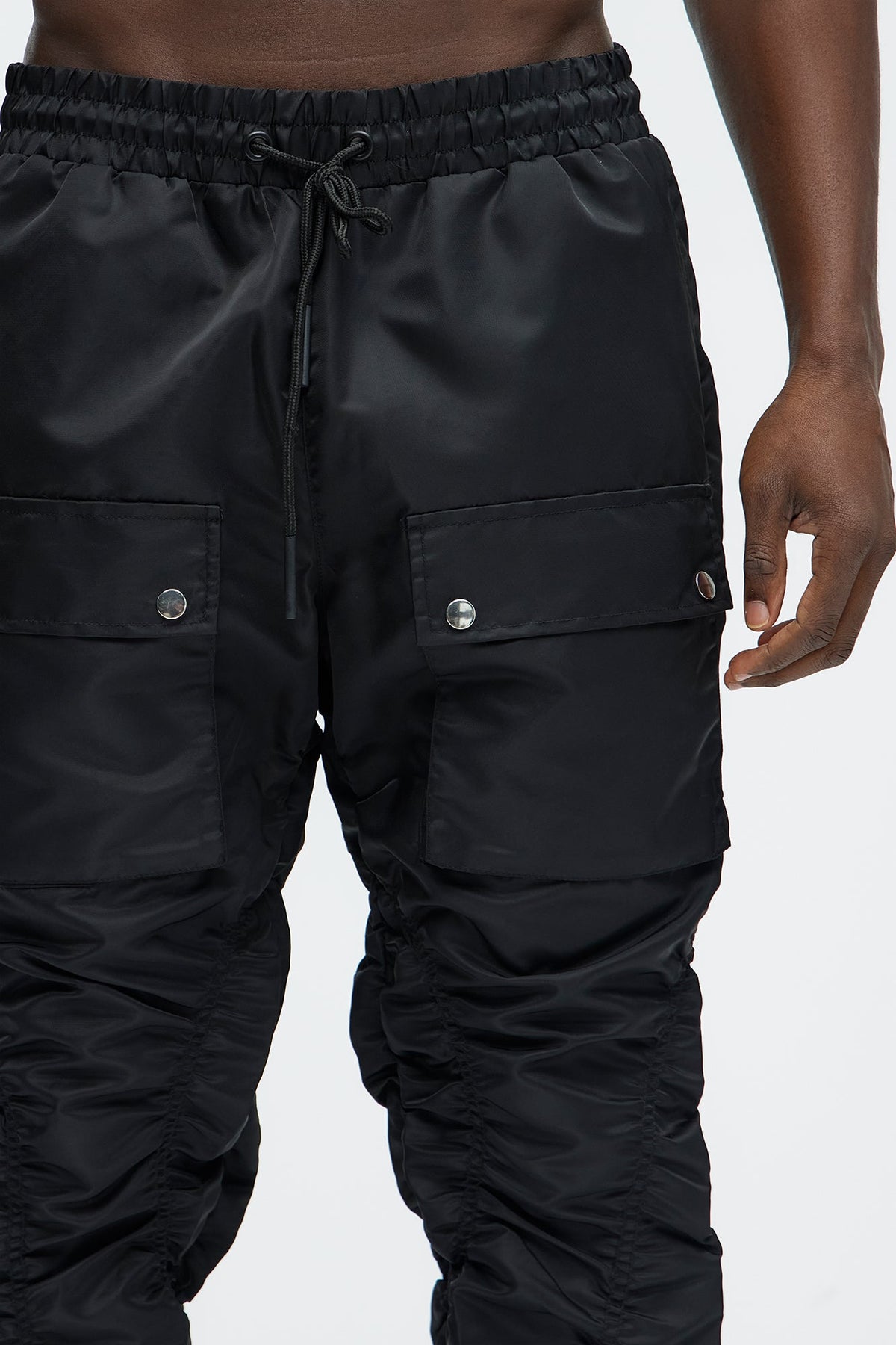 Scrunched Flared Nylon Cargo Pants - Black