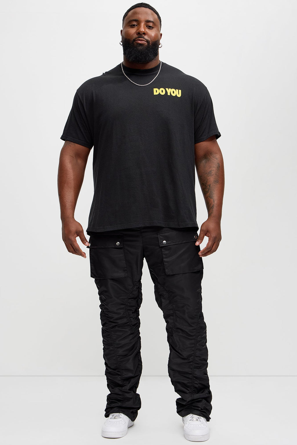 Scrunched Flared Nylon Cargo Pants - Black