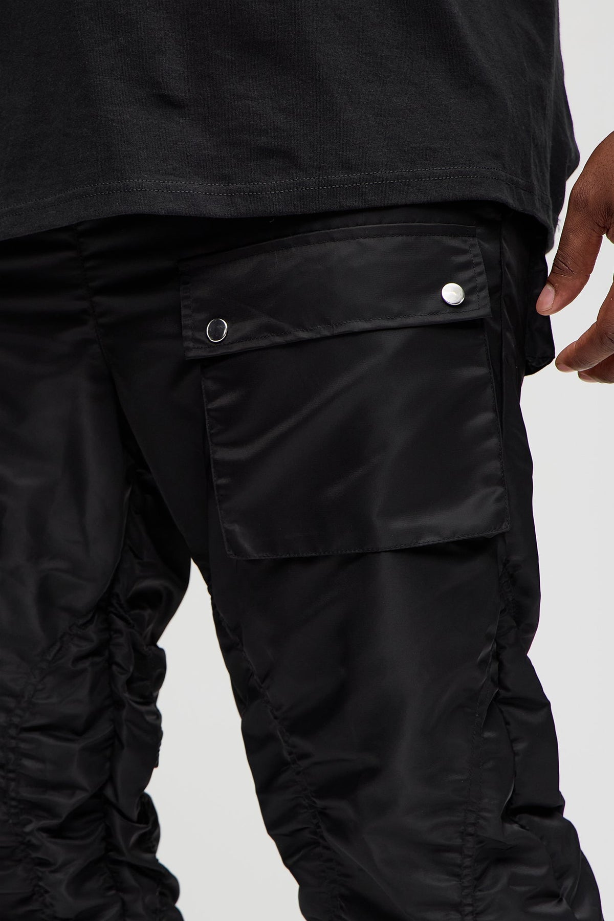 Scrunched Flared Nylon Cargo Pants - Black
