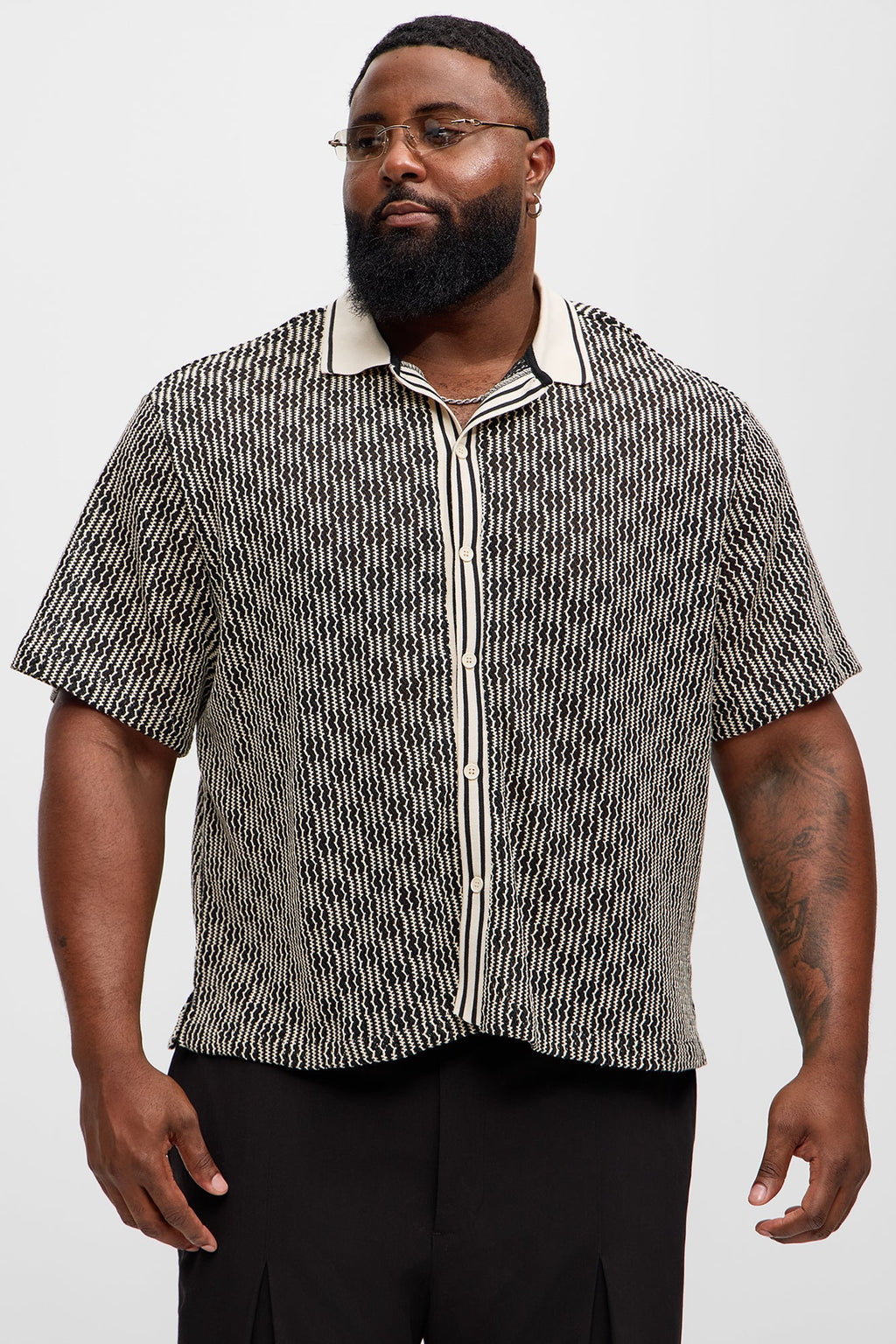 Zigzag Open Knit Crochet Cuban Shirt - Black/combo