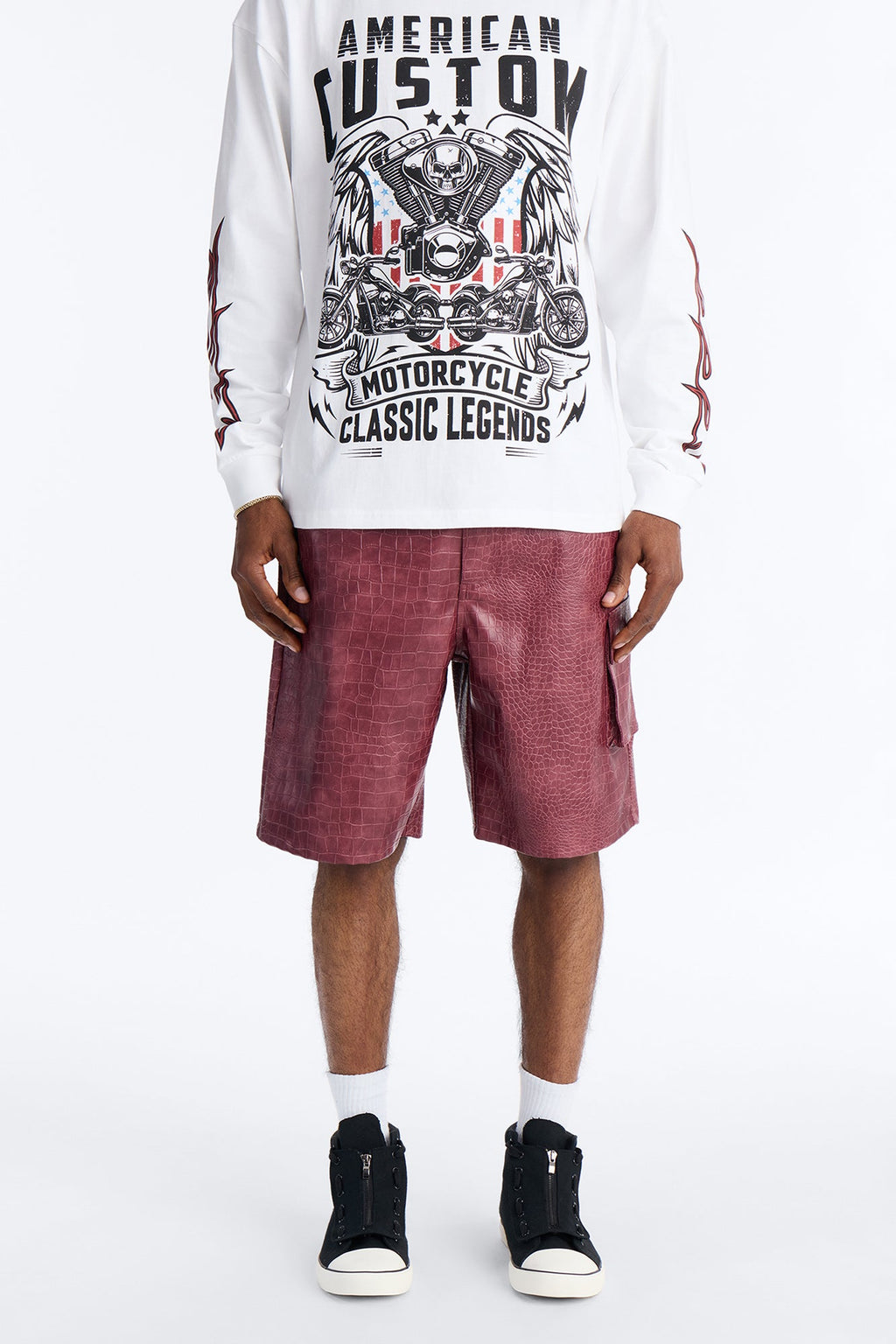 Relaxed Freedom Lane Faux Leather Croc Short - Burgundy