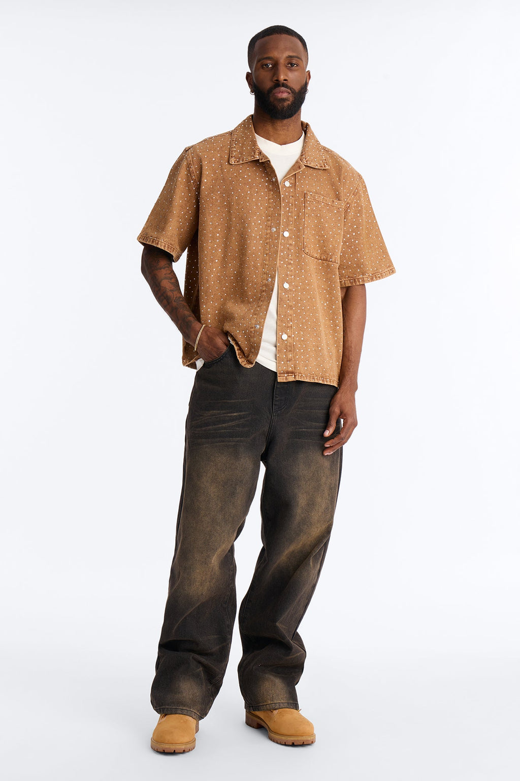 Cropped Embellished Denim Button Up Shirt - Brown