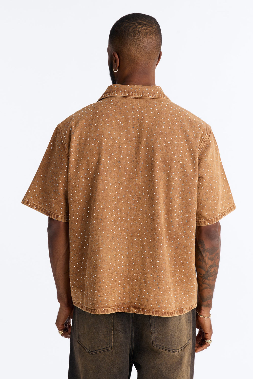 Cropped Embellished Denim Button Up Shirt - Brown