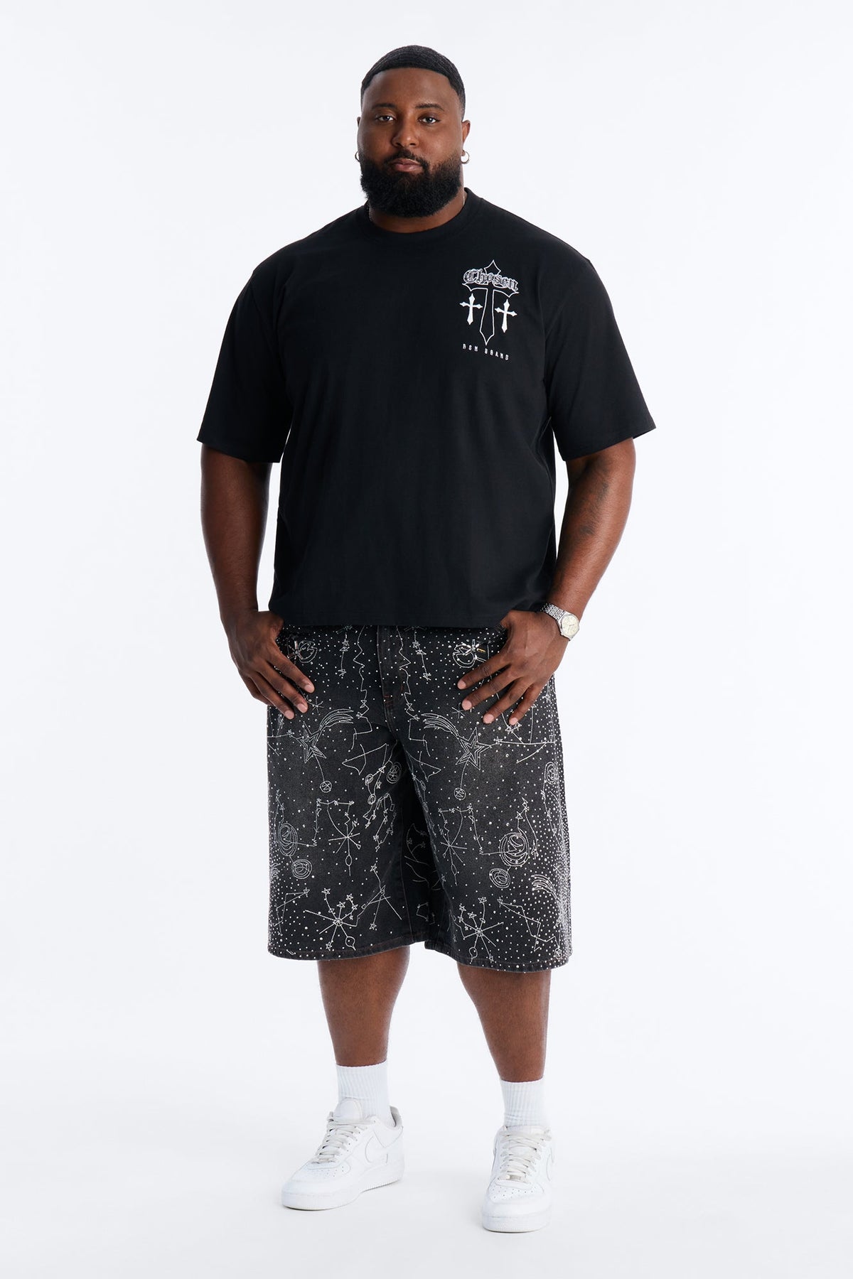 Rhinestone Interstellar Baggy Denim Short - Black Wash